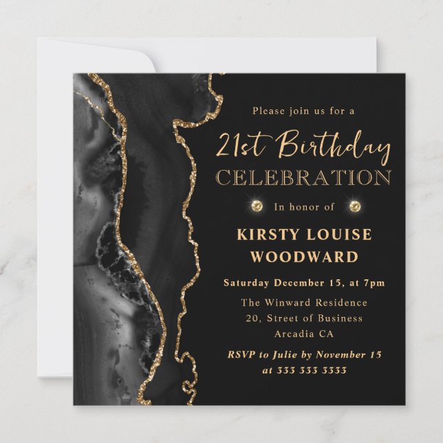 Elegant Black and Gold Glitter Agate 21st Birthday Invitation (Front)