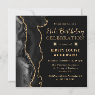 Elegant Black and Gold Glitter Agate 21st Birthday Invitation