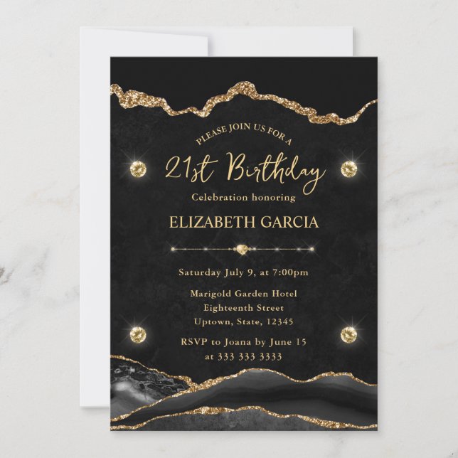 Elegant Black and Gold Glitter Agate 21st Birthday Invitation (Front)