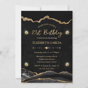 Elegant Black and Gold Glitter Agate 21st Birthday Invitation