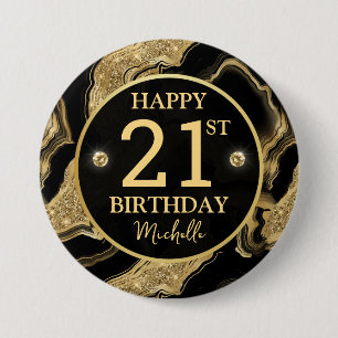 Elegant Black and Gold Glitter Agate Birthday 7.5 Cm Round Badge
