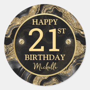 Elegant Black and Gold Glitter Agate Birthday Classic Round Sticker