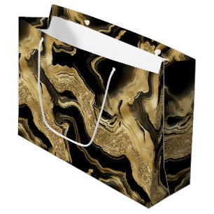 Elegant Black and Gold Glitter Agate Birthday Large Gift Bag