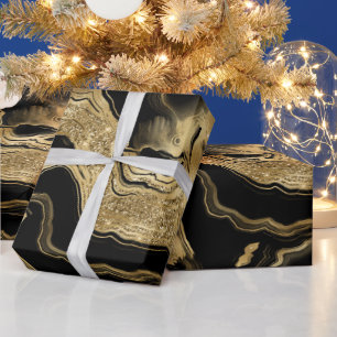 Elegant Black and Gold Glitter Agate Birthday Wrapping Paper