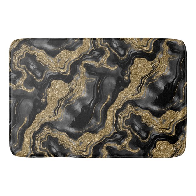 Elegant Black and Gold Glitter Agate Pattern Bath Mat (Front)