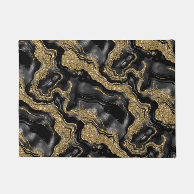Elegant Black and Gold Glitter Agate Pattern Doormat (Front)