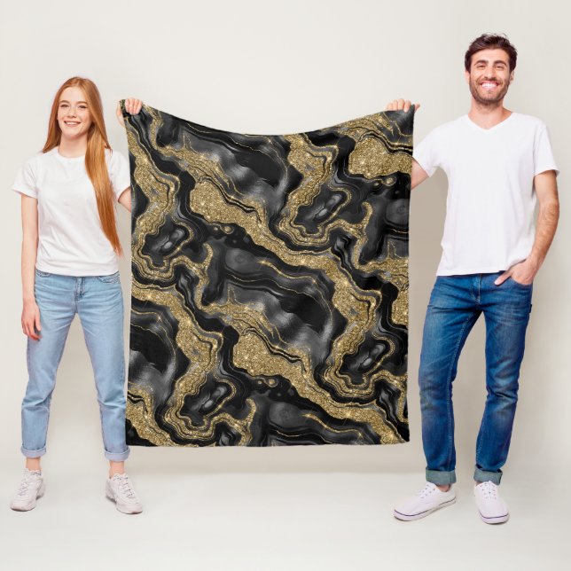 Elegant Black and Gold Glitter Agate Pattern Fleece Blanket (In Situ)