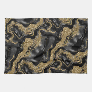 Elegant Black and Gold Glitter Agate Pattern Tea Towel
