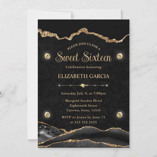 Elegant Black and Gold Glitter Agate Sweet Sixteen Invitation