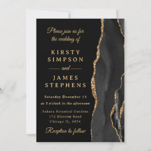 Elegant Black and Gold Glitter Agate Wedding Invitation