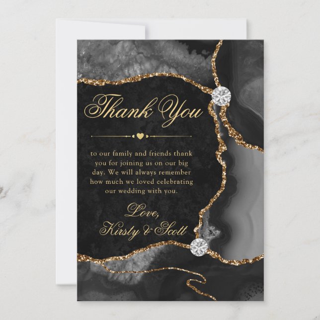 Elegant Black and Gold Glitter Agate Wedding Thank You Card (Front)
