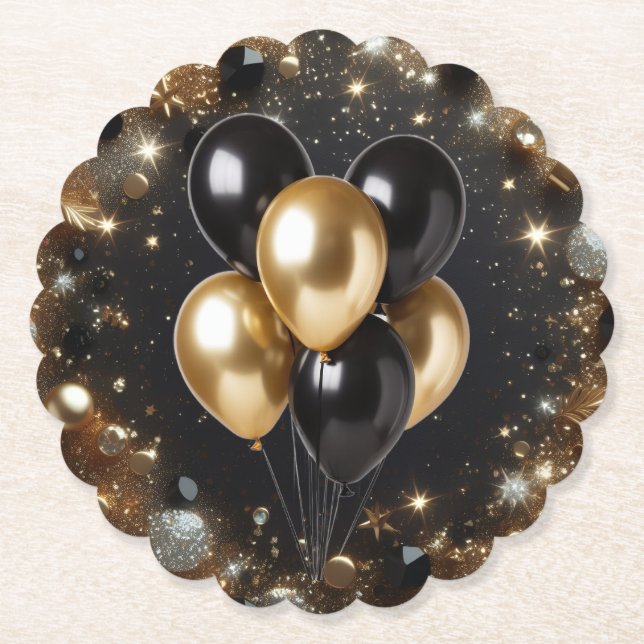 Elegant Black and Gold Glitter Balloon Birthday Paper Coaster (Front)