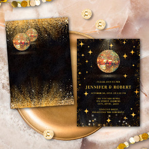 Elegant Black and Gold Glitter Disco Balls Wedding Invitation