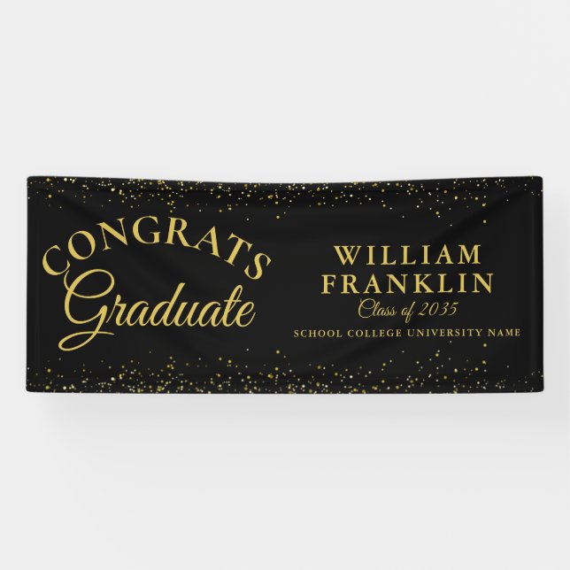Elegant Black And Gold Glitter Graduation Banner (Horizontal)