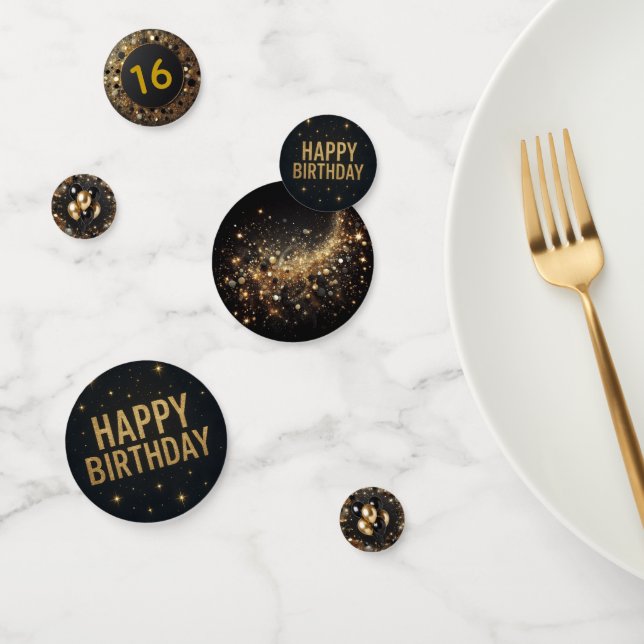 Elegant Black and Gold Glitter Happy Birthday Confetti (Group)