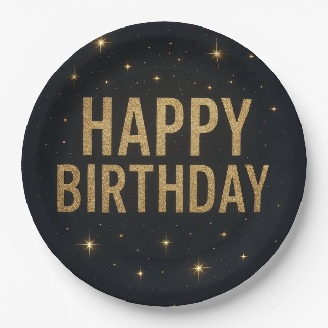 Elegant Black and Gold Glitter Happy Birthday Paper Plate (Front)