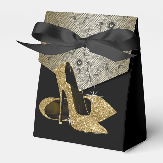 Elegant Black and Gold Glitter High Heel Shoe Favour Box (Front Side)