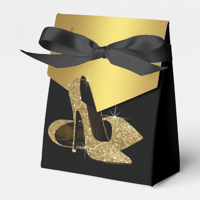 Elegant Black and Gold Glitter High Heel Shoe Favour Box (Front Side)