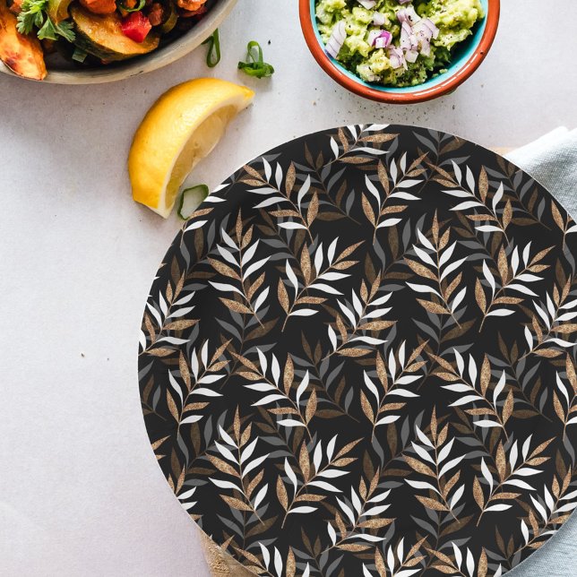 Elegant Black and Gold Glitter Leaves Pattern Paper Plate (Creator Uploaded)