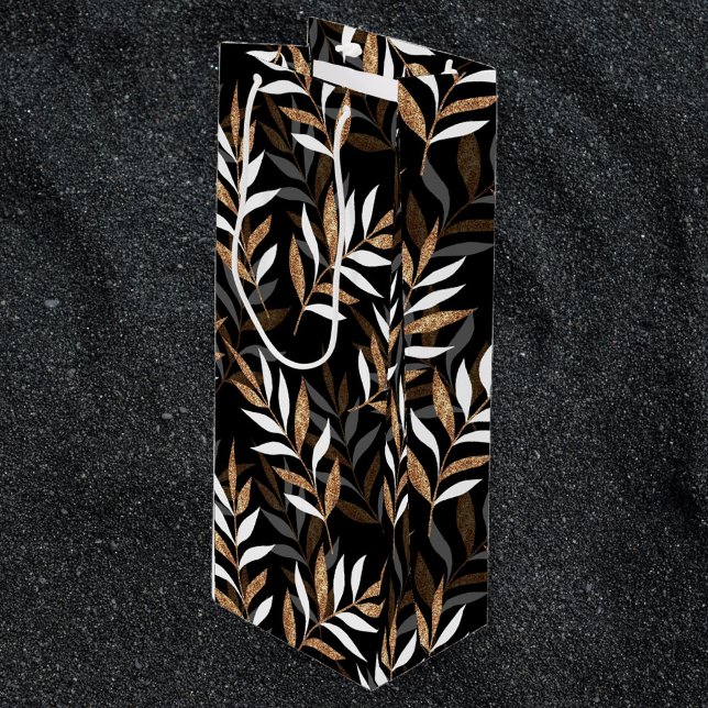 Elegant Black and Gold Glitter Leaves Pattern Wine Gift Bag (Creator Uploaded)