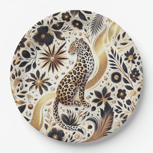 Elegant black and gold glitter Leopard  Paper Plate (Front)