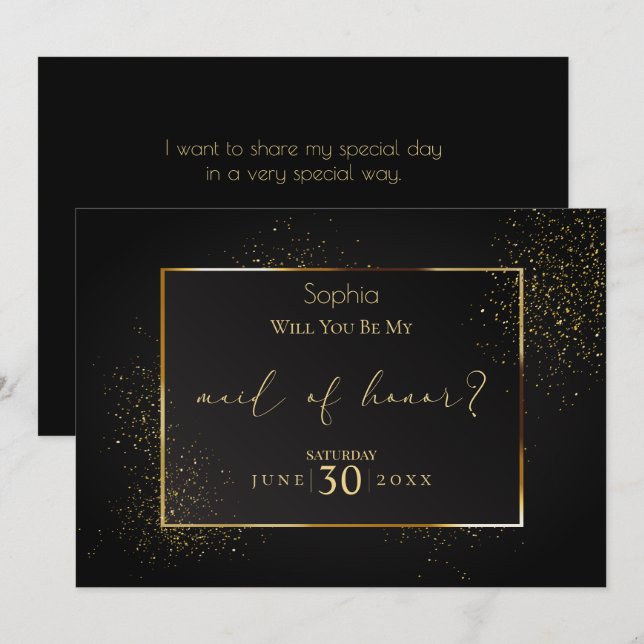 Elegant Black and Gold Glitter Maid of Honour Invitation (Front/Back)