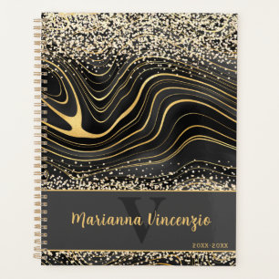 Elegant Black and Gold Glitter Marble Art Planner