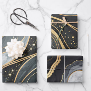 Elegant Black and Gold Glitter Marble Patterns Wrapping Paper Sheet