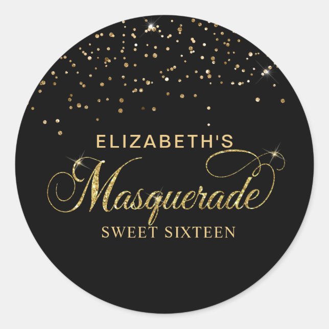 Elegant Black and Gold Glitter Masquerade Party Classic Round Sticker (Front)