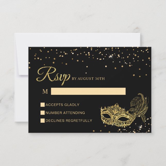 Elegant Black and Gold Glitter Masquerade RSVP Card (Front)