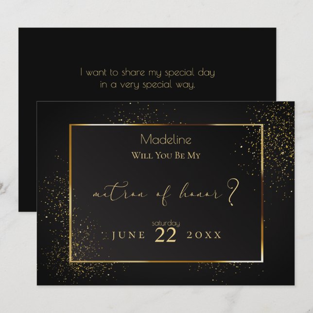 Elegant Black and Gold Glitter Matron of Honour Invitation (Front/Back)
