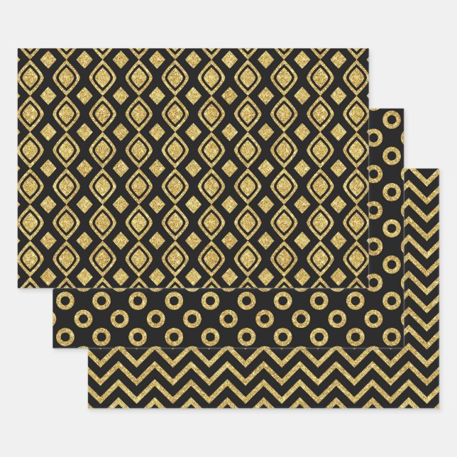 Elegant Black and Gold Glitter Patterns Wrapping Paper Sheet (Set)