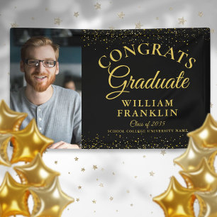 Elegant Black And Gold Glitter Photo Graduation Banner