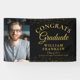 Elegant Black And Gold Glitter Photo Graduation Banner
