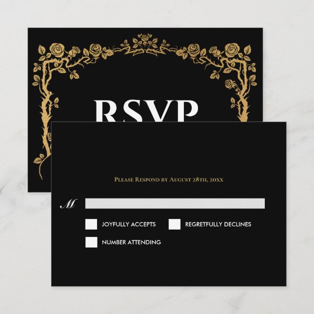 Elegant black and gold Gothic Wedding RSVP Card (Front/Back)
