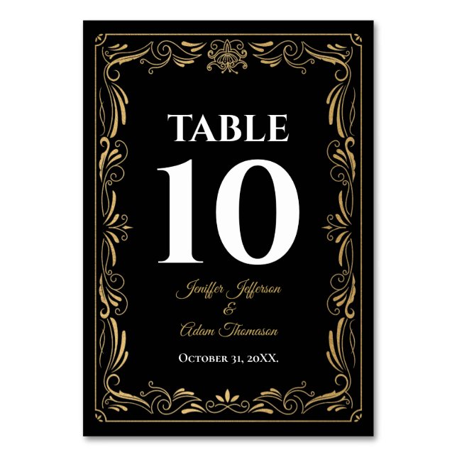 Elegant black and gold Gothic Wedding Table Number (Front)
