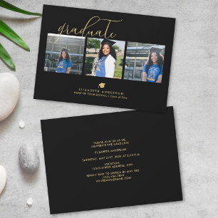 Elegant Black and Gold Graduate Graduation Photo Invitation