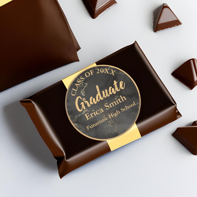 Elegant Black And Gold Graduation Favour  Classic Round Sticker (Black and Gold Graduation Favor Sticker on Chocolate Box)