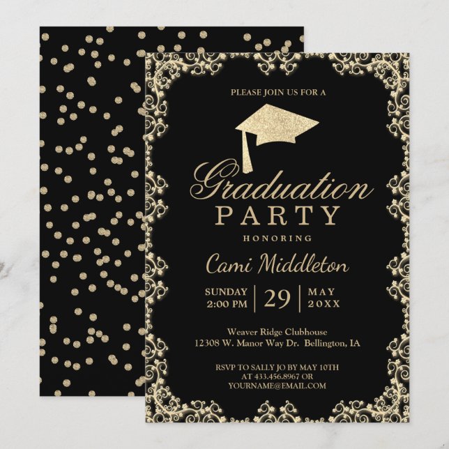 Elegant Black and Gold Graduation Invitation (Front/Back)