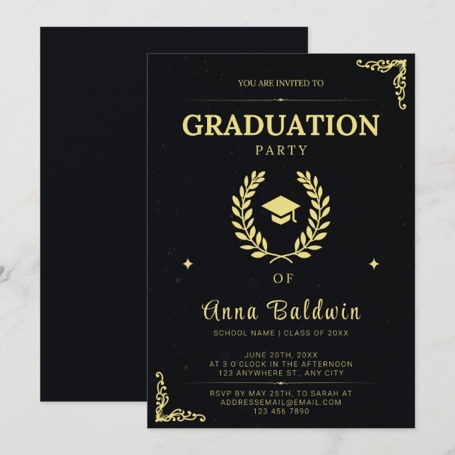 Elegant Black and Gold Graduation Party Invitation (Front/Back)