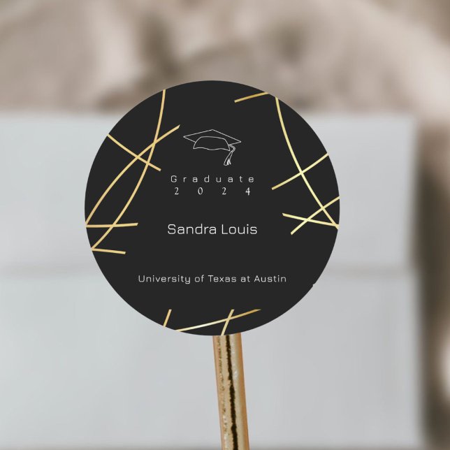 Elegant Black and Gold Graduation Round Sticker (Creator Uploaded)