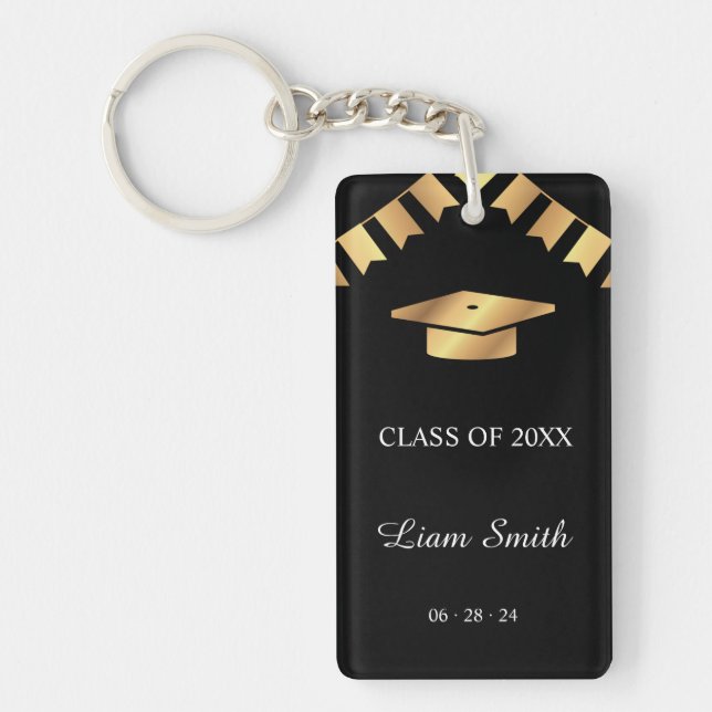 Elegant Black and Gold Graduation Souvenir Key Ring (Front)