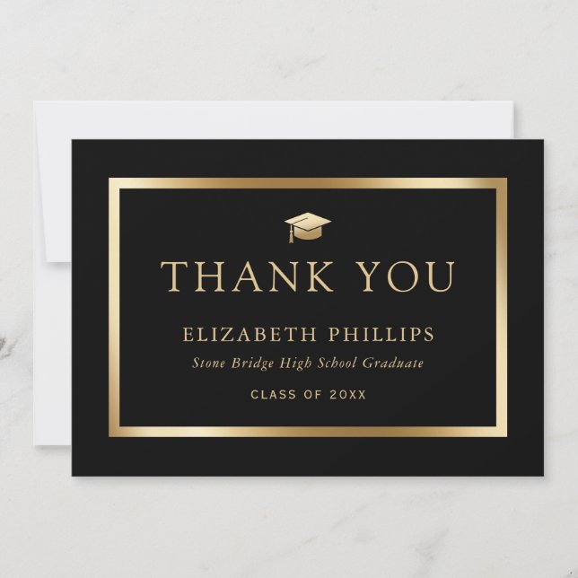Elegant Black and Gold Graduation Thank You Card (Front)