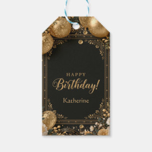 Elegant Black and Gold Happy Birthday with Name Gift Tags