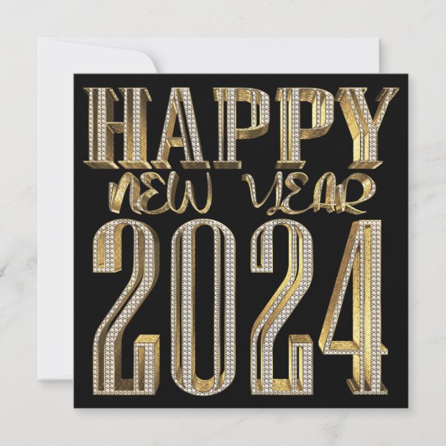 Elegant Black and Gold Happy New Year 2024 Holiday Card (Front)