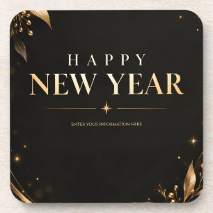 Elegant Black and Gold Happy New Year Greeting Coaster