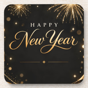 Elegant Black and Gold Happy New Year Greeting Coaster