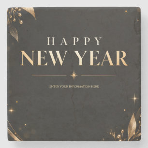 Elegant Black and Gold Happy New Year Greeting Stone Coaster