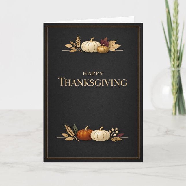 Elegant Black and Gold Happy Thanksgiving Pumpkin Card (Front)