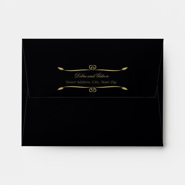 Elegant Black and Gold Heart Flourish Wedding Envelopes (Back (Top Flap))